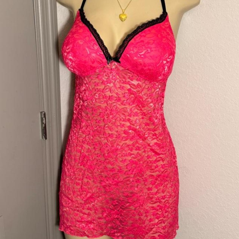 Apt. 9 hot pink lace lingerie dress with black trim - Picture 2 of 6
